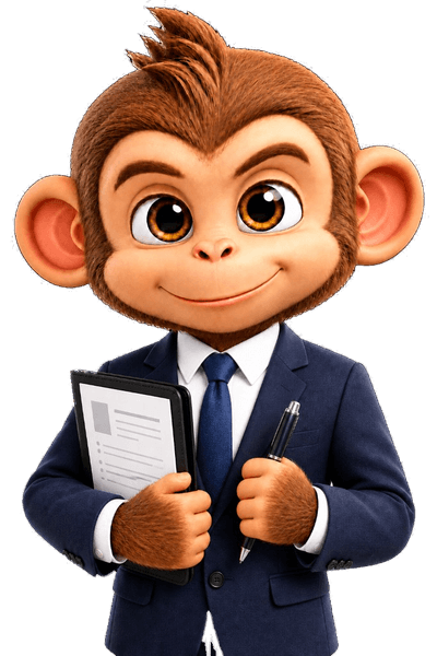 Mono in a suit holding a resume and a pen