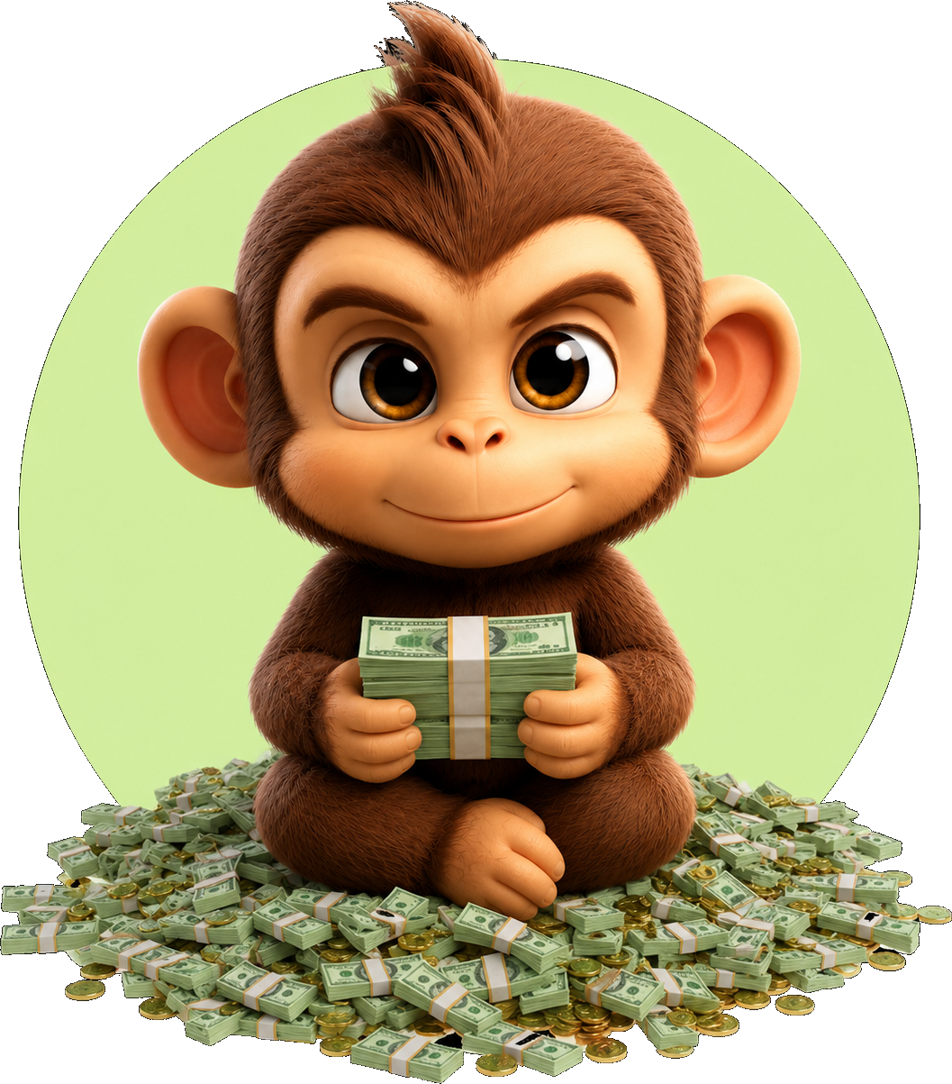 Mono sitting on a pile of money